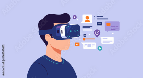 Virtual reality experience with headset and digital interfaces in modern flat design