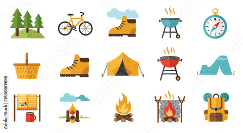 Camping adventure icons: activities, gear, and outdoor essentials