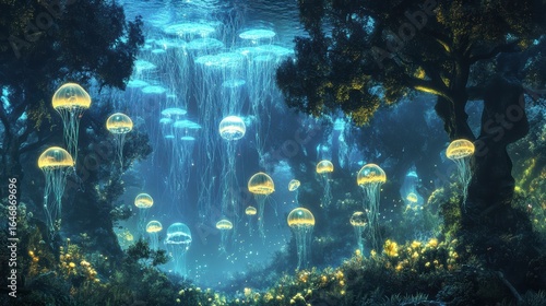 A mystical underwater scene featuring glowing jellyfish amidst trees and vibrant flora, creating an enchanting, ethereal atmosphere.