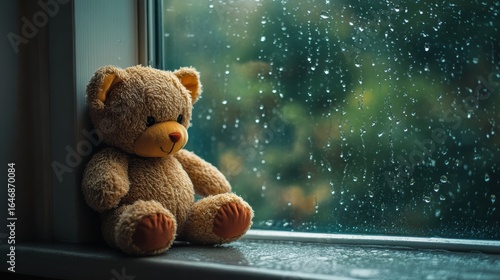 A plush teddy bear sits on a windowsill, gazing out at raindrops trickling down the glass, creating a cozy and reflective atmosphere.