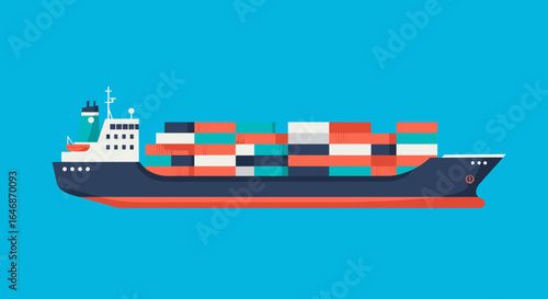 Colorful cargo ship with containers on blue background: flat style