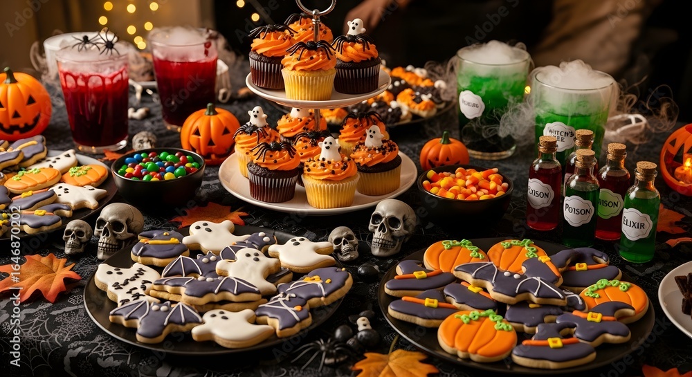 Naklejka premium Festive Halloween Treats and Beverages A Delightful Spread of Cookies, Cupcakes, and Spooky Drinks for the Holiday
