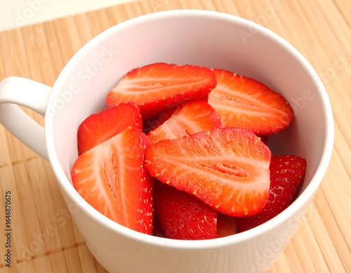 Fresh sliced strawberries in a white bowl