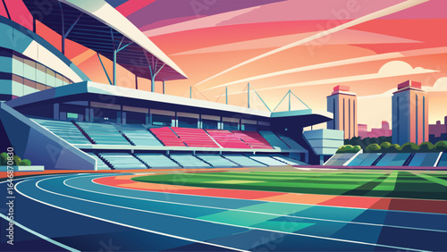 An artistic depiction of a stadium with a tennis court at its center, surrounded by spectator seating and energetic ambiance.