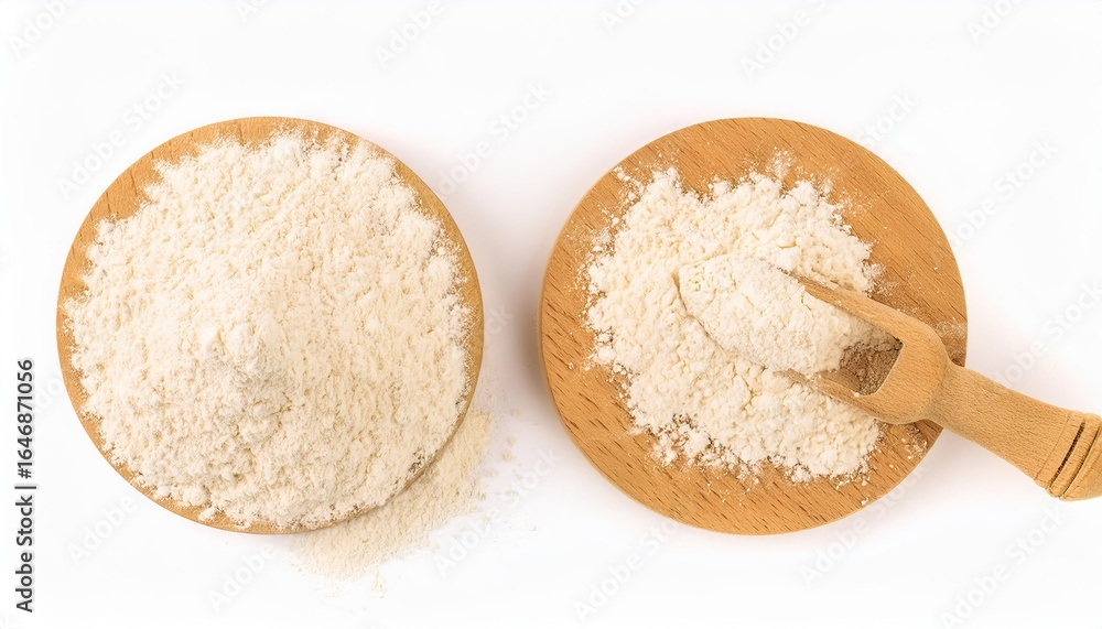 Wheat flour piled on round wooden boards with small scoop Wheat flour piled on round wooden boards with small scoop
