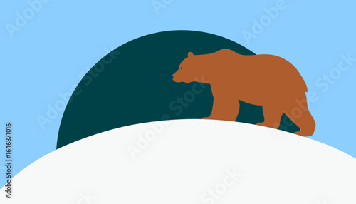 Brown bear silhouette on a snowy landscape against a stylized sun