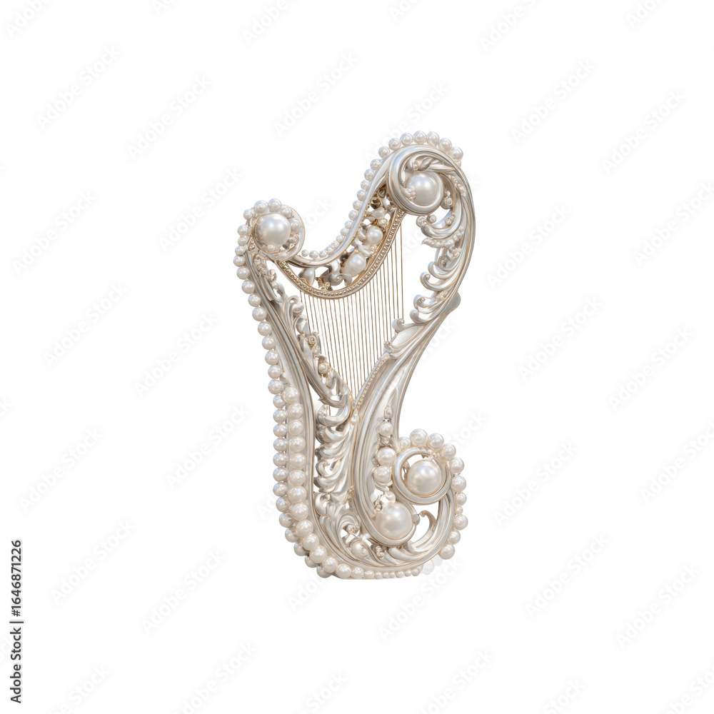Obraz premium Elegant Ornate Pearl-Adorned Harp Sculpture 3D Render