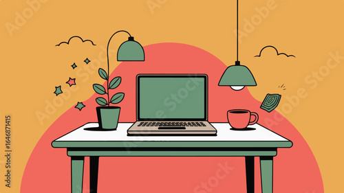 Man working on laptop at desk in office illustration