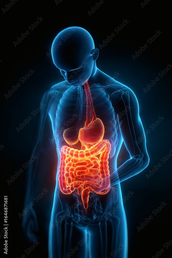 3D rendered medical illustration of a human body with glowing blue internal organs, spine, and heart to show anatomy, health, and pain 3D rendered medical illustration of a human body with glowing blue internal organs, spine, and heart to show anatomy, health, and pain