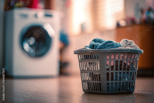Laundry basket with clothes near washing machine