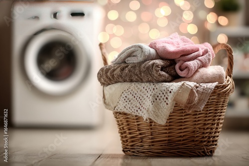 Laundry basket with folded towels near washing machine