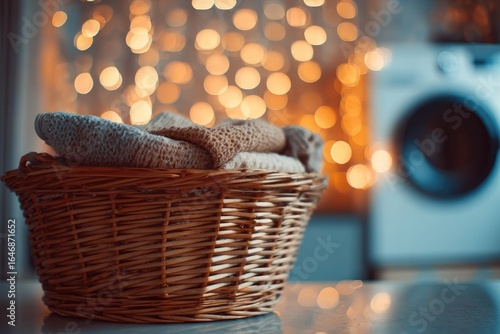 Woven basket with folded laundry and string lights