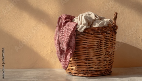 Wicker basket with laundry and red checkered cloth