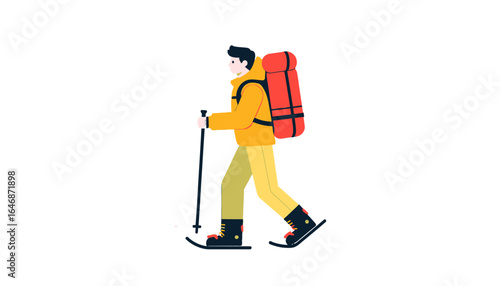 Illustration of a man snowshoeing in winter with a large backpack and trekking pole