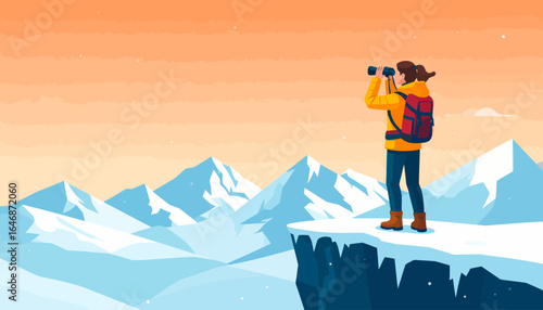 Focused Explorer on Majestic Mountain Peak Discovering New Horizons in the Wilderness Landscape