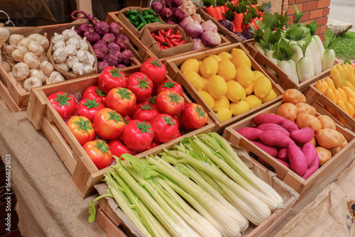 Fresh Fruits and vegetables at a farmer market,raw fruits,nutrition,organic,healthy eating or shopping in a grocery store.