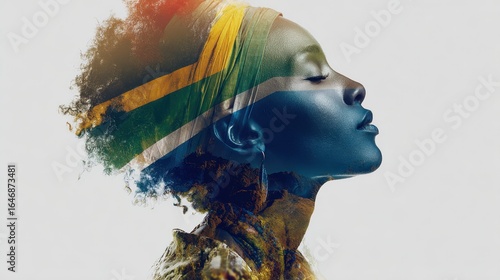 South African Pride: A striking portrait merges the profile of a person with the vibrant colors and patterns of the South African flag.