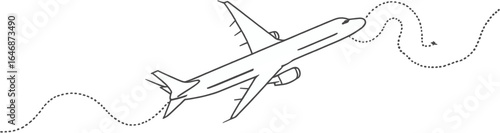 Airplane in flight with dotted line, perfect for transportation concepts, travel themes, aviation industry, or wanderlust designs. Flight trajectory visual.