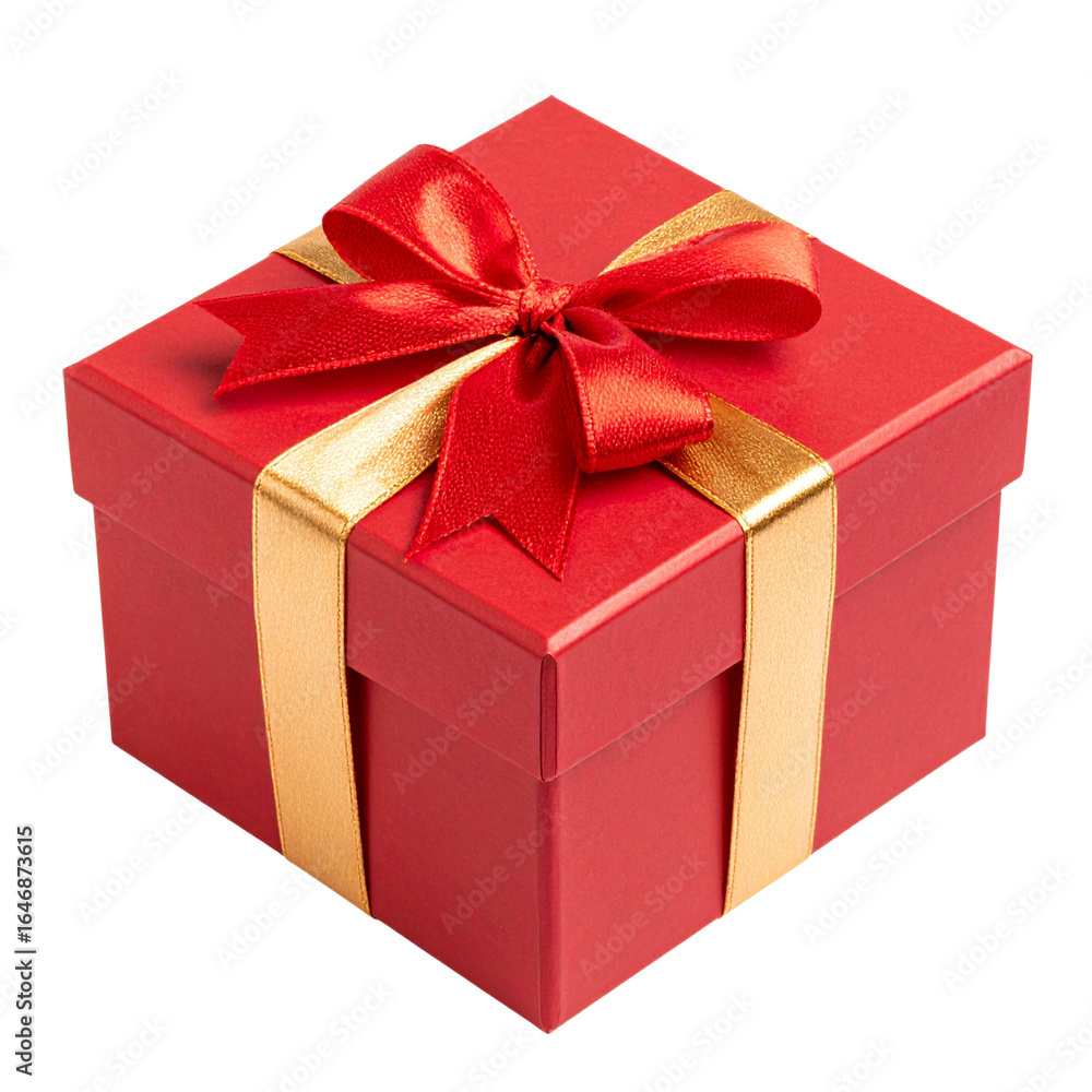 Fototapeta premium A classic red present box with a bow and ribbon is ready for a festive holiday celebration