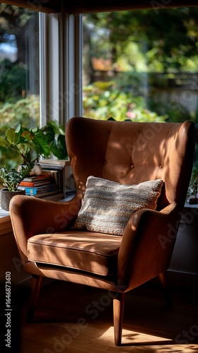 Cozy Brown Leather Chair with Pillow by Window.