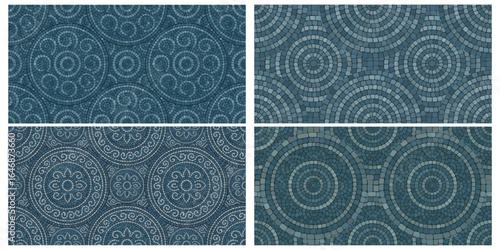 Seamless pattern blue Circular Mosaic. Decorative Antique Stone Ornament.