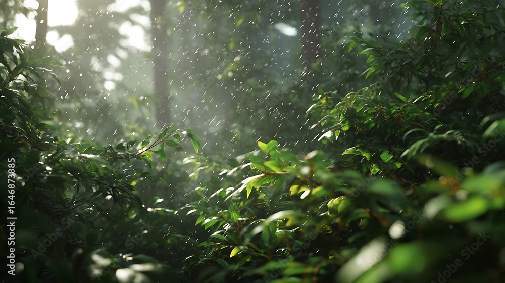 Fototapeta premium Lush foliage in a rain-drenched forest.