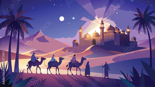 The three wise men, adorned in regal attire, are positioned in front of a majestic castle under a night sky.