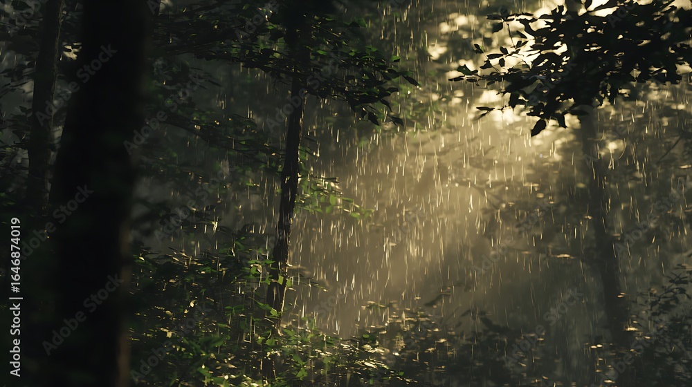 Obraz premium Sunlight filtering through rain in a dense forest.
