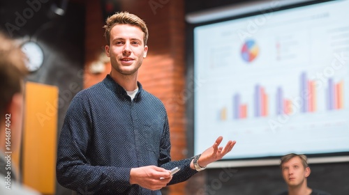 Man presenting data on a screen, speaking to an audience, modern office space