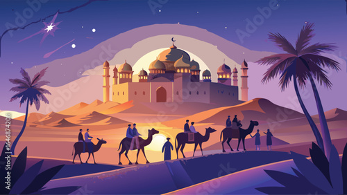  Three wise men stand before a grand castle, dressed in traditional robes, with a starry sky above them.