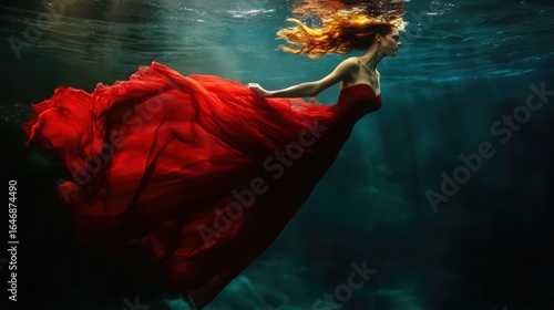 A serene underwater scene featuring a woman in a flowing red dress, gracefully swimming amidst soft light and deep blue water.