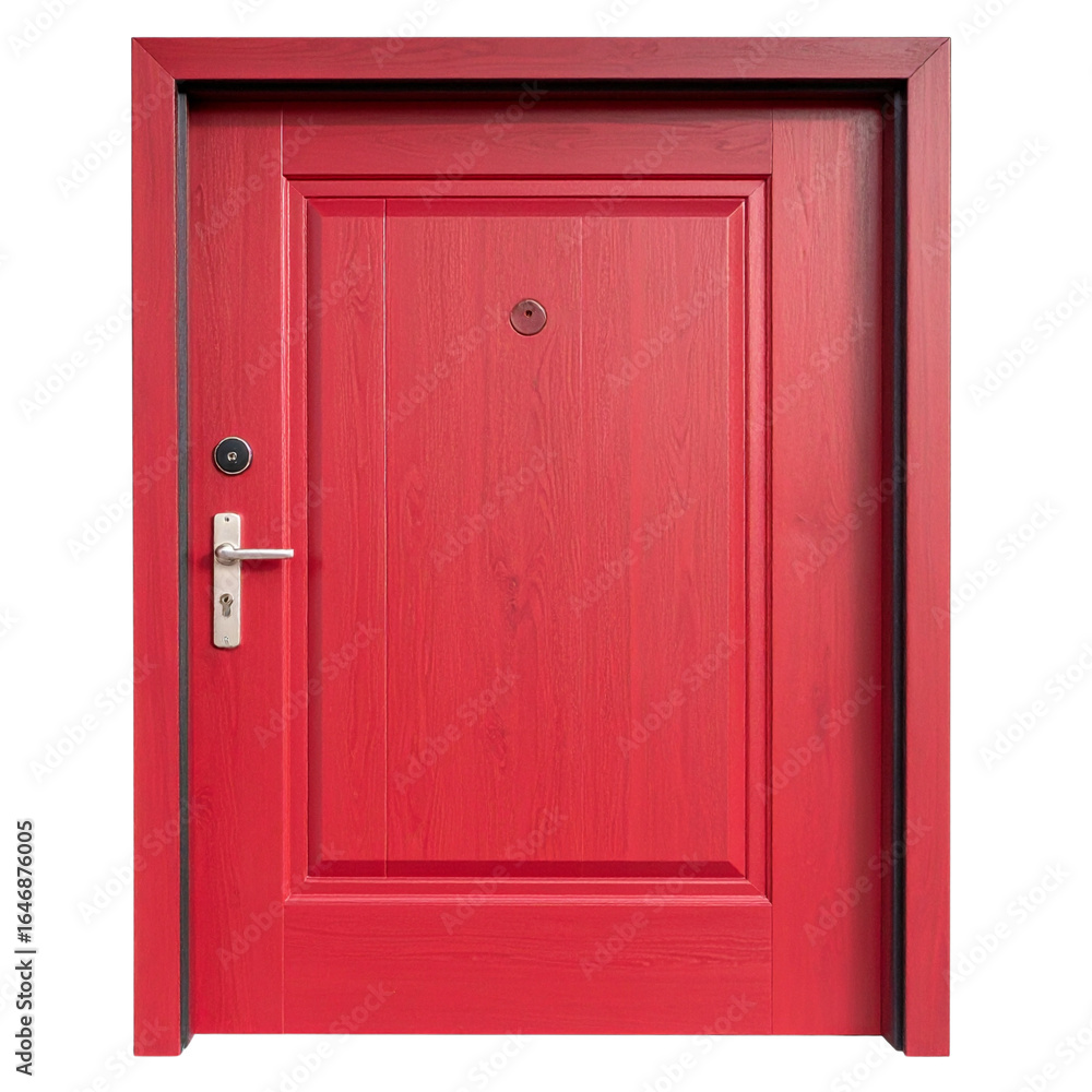 Fototapeta premium Isolated bright red wooden front door on a white wall