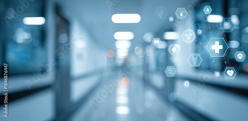 Blurred hospital hallway with medical icons