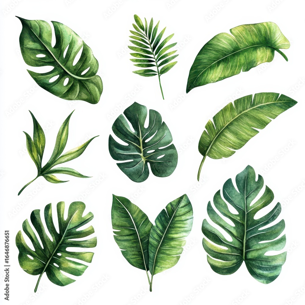 Fototapeta premium Vibrant Green Tropical Leaves Collection on White Background