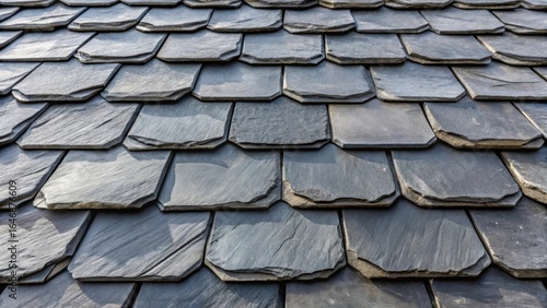 Close up view of weathered natural slate roof tiles showing textured surfaces and overlapping patterns