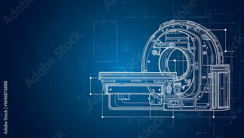 Detailed Blueprint of a Medical MRI Scanner on a Dark Blue Background
