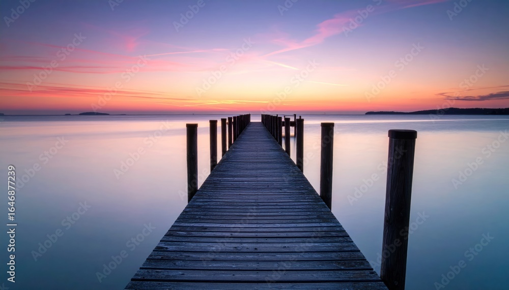 Naklejka premium Wooden pier at sunset Calm water with colorful sky landscape.