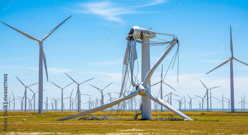 Fototapeta premium A broken wind turbine with snapped blades lies in a field, contrasting with the many other functional turbines around it