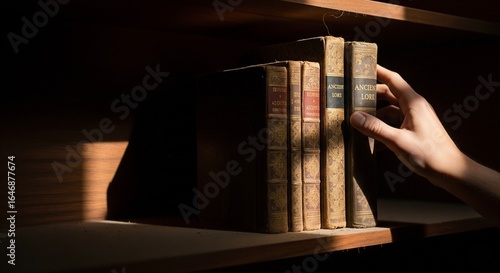 A hand reaches for a book titled 
