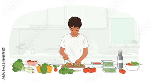 Healthy eating concept with a young person preparing a nutritious vegetable meal in the kitchen. Meal prep for a balanced diet.