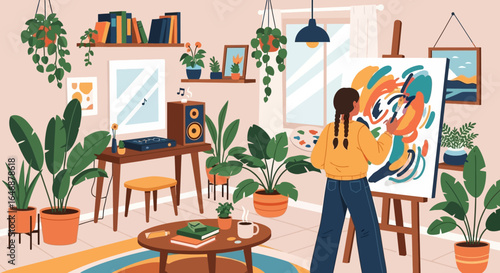 A young artist in her cozy home studio, painting a colorful abstract masterpiece on a large canvas surrounded by plants.
