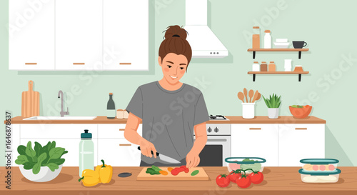 Woman Preparing Healthy Meal with Fresh Vegetables in Modern Kitchen
