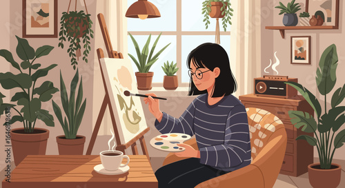 Focused businesswoman working at her desk with a laptop and documents, analyzing data charts in a modern home office.