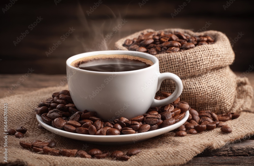 Fototapeta premium A steaming cup of coffee surrounded by coffee beans