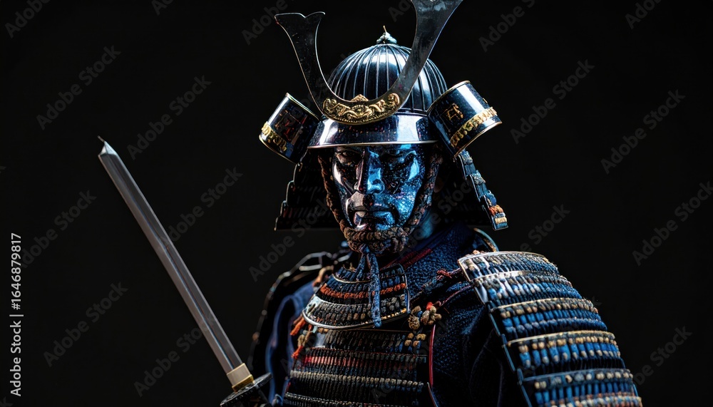 Naklejka premium Japanese Samurai Warrior in Armor with Black Background.
