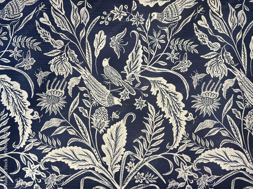 Random abstract blue and white flower and leaves illustration. Floral and foliage theme in random abstract concept. For wallpaper, fabric, and upholstery curtain. Illustration seamless background text