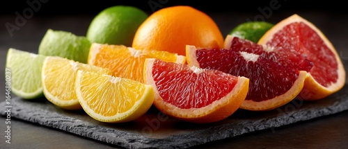 Fresh Citrus Fruits Oranges Grapefruit Limes Slices.