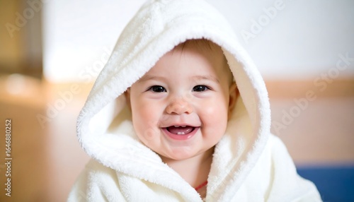 Happy baby in a white hooded bathrobe