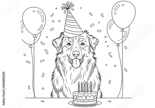 Outline illustration of an Australian Shepherd dog celebrating its birthday with a cake and balloons, festive concept, coloring page