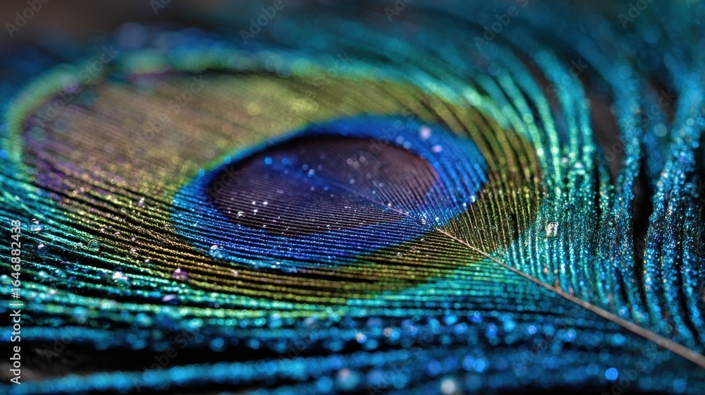 Fototapeta premium A peacock feather showcases a mesmerizing array of colors and patterns, highlighted by intricate lines and shimmering details under soft natural light in a close-up perspective